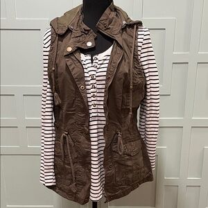 Women's Army Green Vest and Striped Long Sleeve